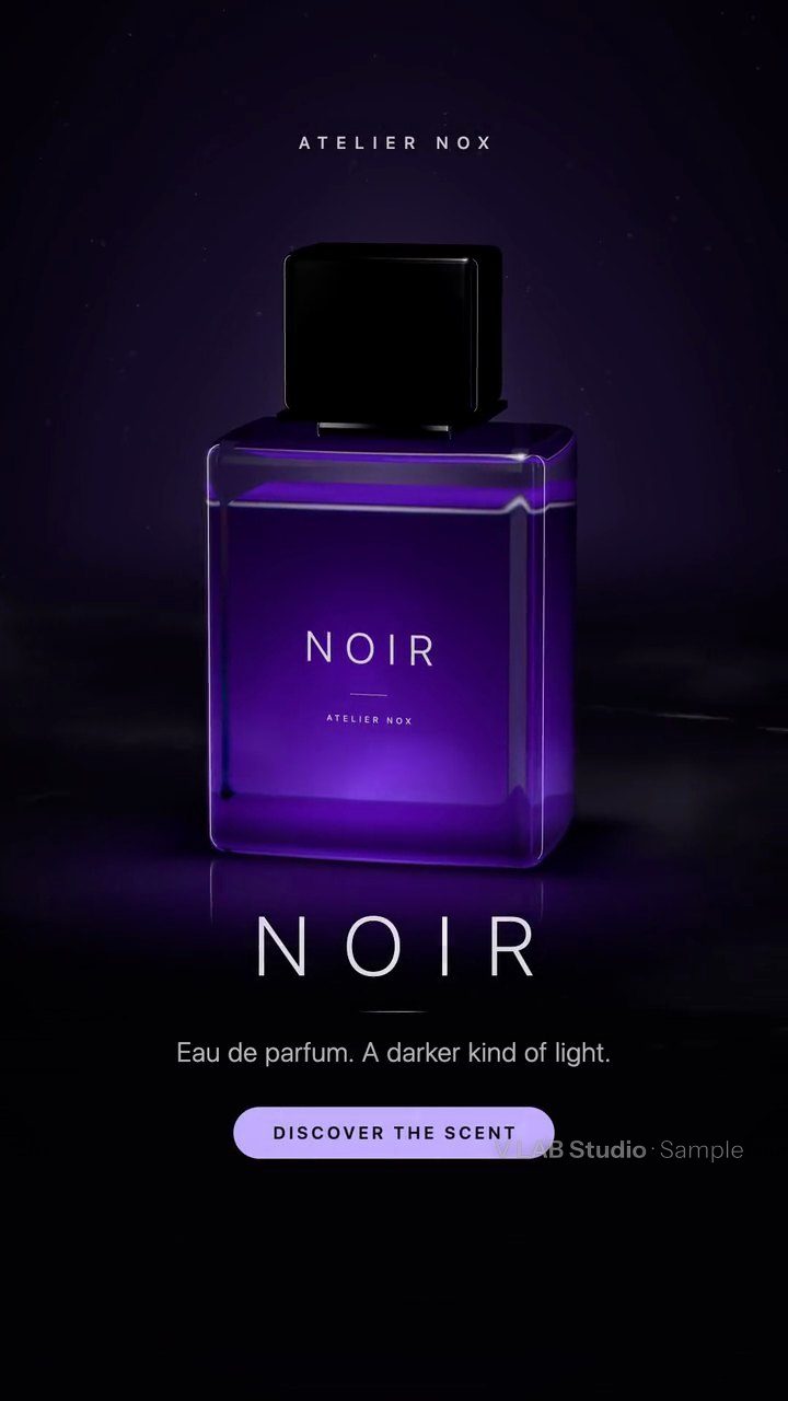 A NOIR perfume frame rendered with V LAB Studio, with crisp type